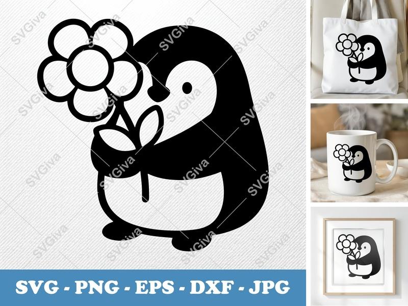 Penguin with Flower SVG PNG DXF EPS | Cute Animal Cut File for Cricut Silhouette