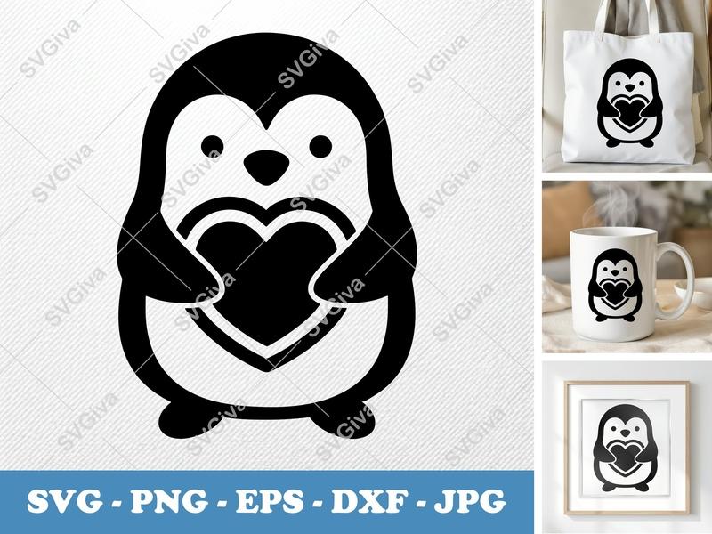 Penguin with Heart SVG | Cute Animal PNG EPS DXF Cut File for Cricut & Silhouette | Modern Love Design Clipart