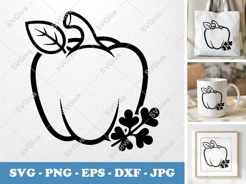 Pepper SVG, Bell Pepper with Leaf & Parsley Design, PNG EPS DXF for Cricut & Silhouette, Vegetable Clipart Cut File