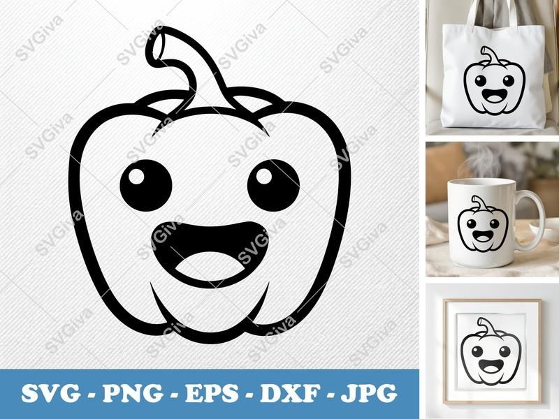 Pepper SVG | Cute Bell Pepper Clipart, Happy Face Vegetable Outline | PNG EPS DXF for Cricut, Silhouette