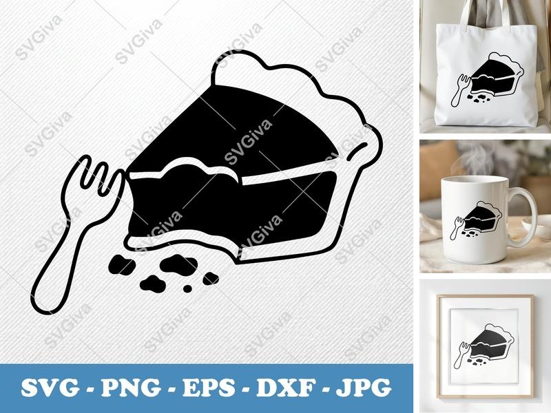 Pie Slice SVG, Modern Outline Fork Eating Pie, Dessert Food PNG EPS DXF for Cricut & Silhouette