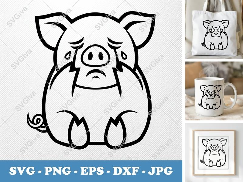 Pig Crying SVG | Double-Outline Minimalist Design | Thick Contour, Low Detail | PNG DXF EPS | Cricut Silhouette File