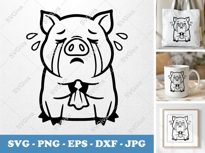 Pig Crying SVG, Sad Pig PNG, EPS, DXF Cut File for Cricut, Silhouette | Cute Animal Vector, Farm Life Clipart