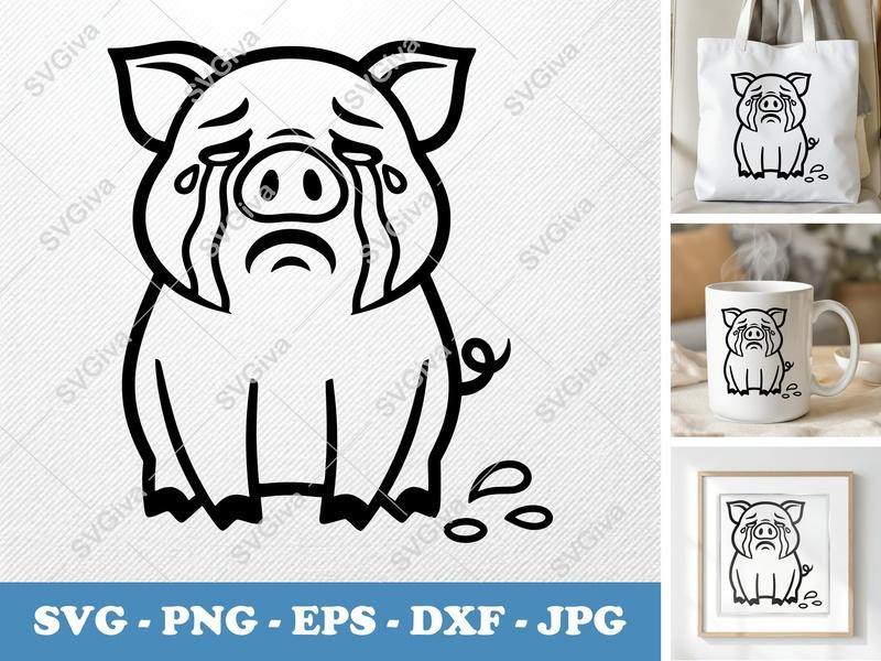 Pig Crying SVG, Sad Piglet Cut File, Modern Farm Animal Design PNG EPS DXF for Cricut & Silhouette