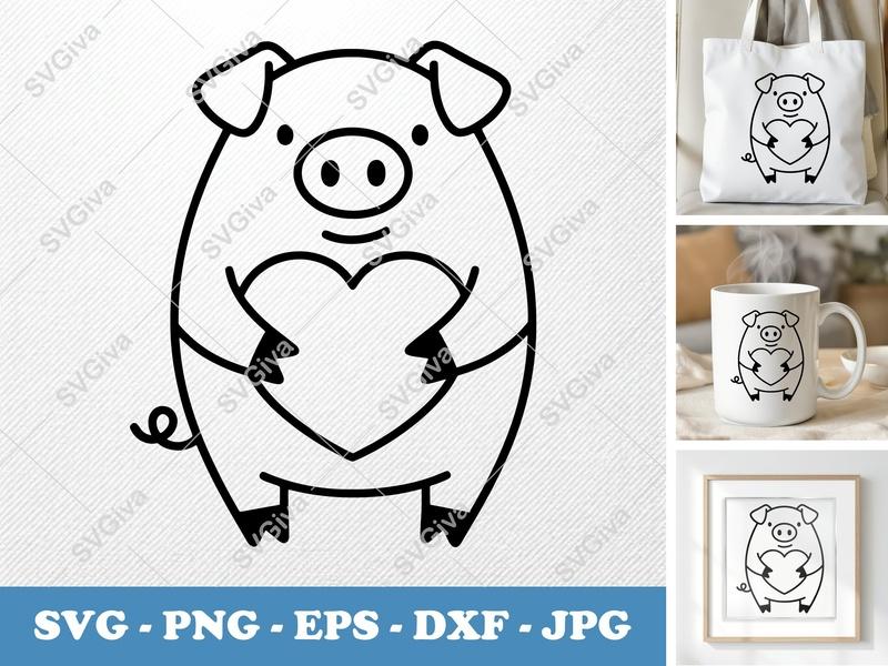 Pig Holding Heart SVG | Minimalist Bold Contour | PNG DXF EPS | Cricut Silhouette | Farm Animal Vector Cut File