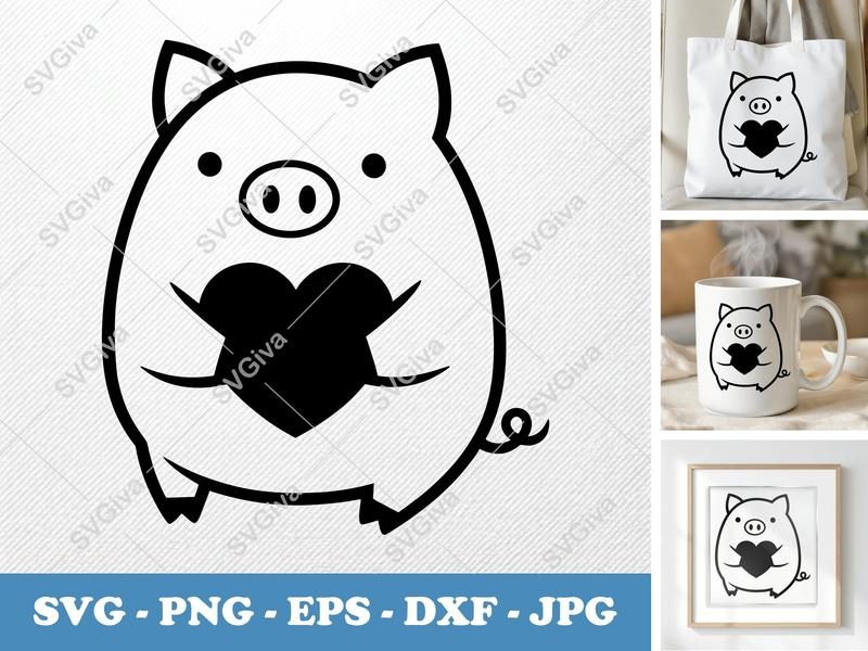 Pig Holding Heart SVG | Puffy Soft Shapes | Inflated Pillow-Soft Forms | PNG DXF EPS | Cricut Silhouette Cut File
