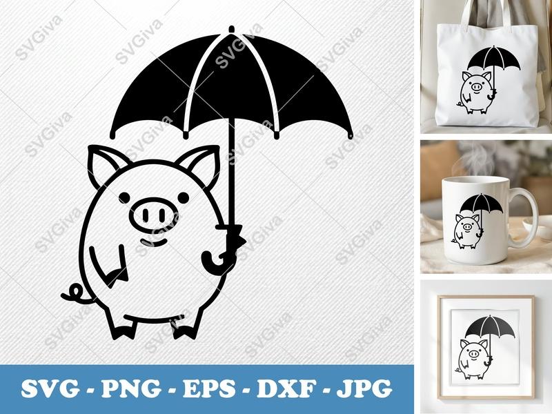 Pig holding umbrella SVG | Cute Farm Animal Cut File PNG DXF EPS Cricut Silhouette