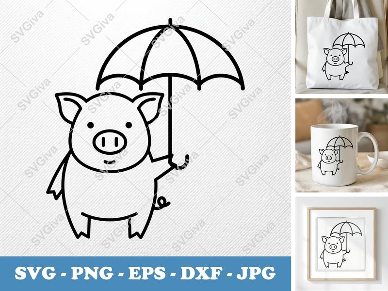 Pig Holding Umbrella SVG | Double-Outline Minimalist Art | PNG DXF EPS for Cricut Silhouette