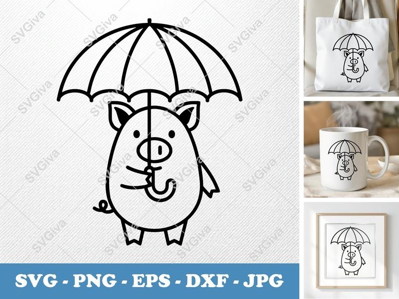Pig holding umbrella SVG | Friendly Rounded Bean-Shaped Design | PNG DXF EPS | Cricut Silhouette File