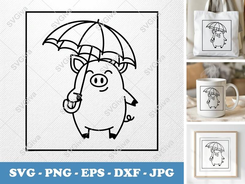 Pig Holding Umbrella SVG | Minimalist Character PNG DXF EPS | Cricut Silhouette Cut File