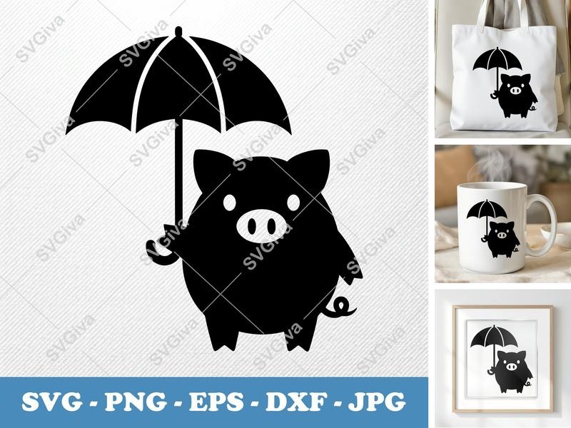 Pig holding umbrella SVG | Puffy Soft Shapes | Inflated Pillow Art | PNG DXF EPS | Cricut Silhouette File