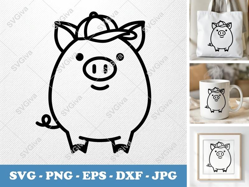 Pig in a Cap SVG | Cute Animal PNG DXF EPS Cricut Silhouette