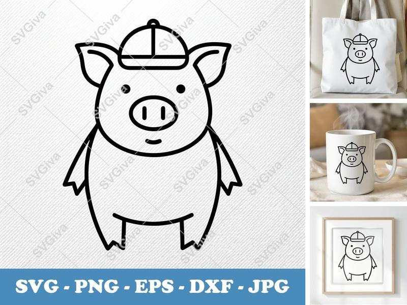 Pig in a Cap SVG | Double-Outline Minimalist Design | Thick Contour, Clean Space | PNG DXF EPS | Cricut Silhouette Cut File
