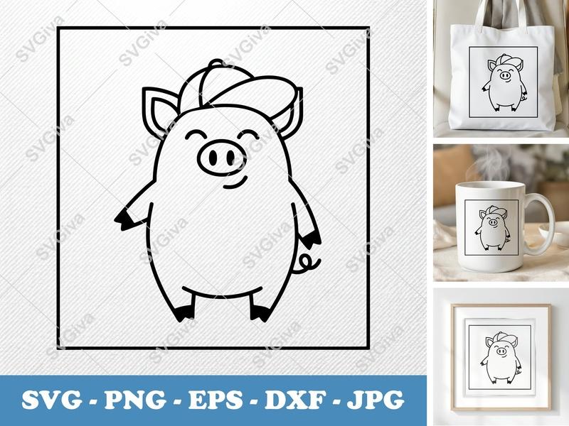 Pig in a Cap SVG | Minimalist Character PNG DXF EPS | Bold Contour Cut File for Cricut Silhouette