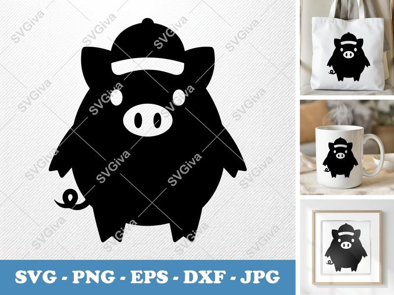 Pig in a Cap SVG | Puffy Pillow-Soft Cut File | PNG DXF EPS | Cricut Silhouette Design