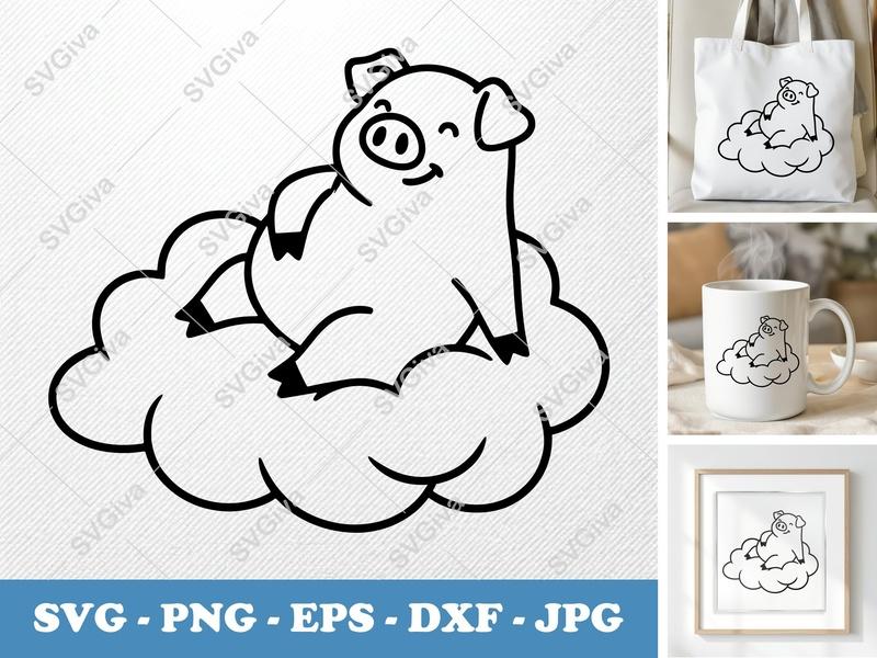 Pig on Cloud SVG | Cute Animal Clipart | Outline Design | PNG EPS DXF for Cricut & Silhouette