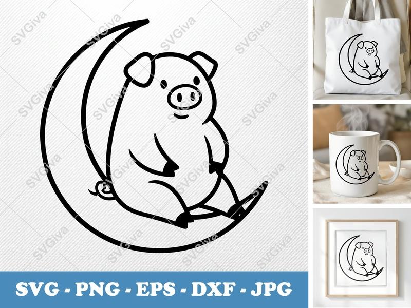 Pig on Moon SVG | Cute Animal Lunar Design PNG EPS DXF | Cricut Silhouette Cut File