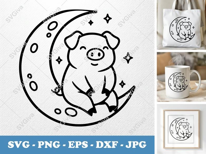Pig on Moon SVG | Friendly Bean-Shaped Piggy | PNG DXF EPS | Cricut Silhouette File