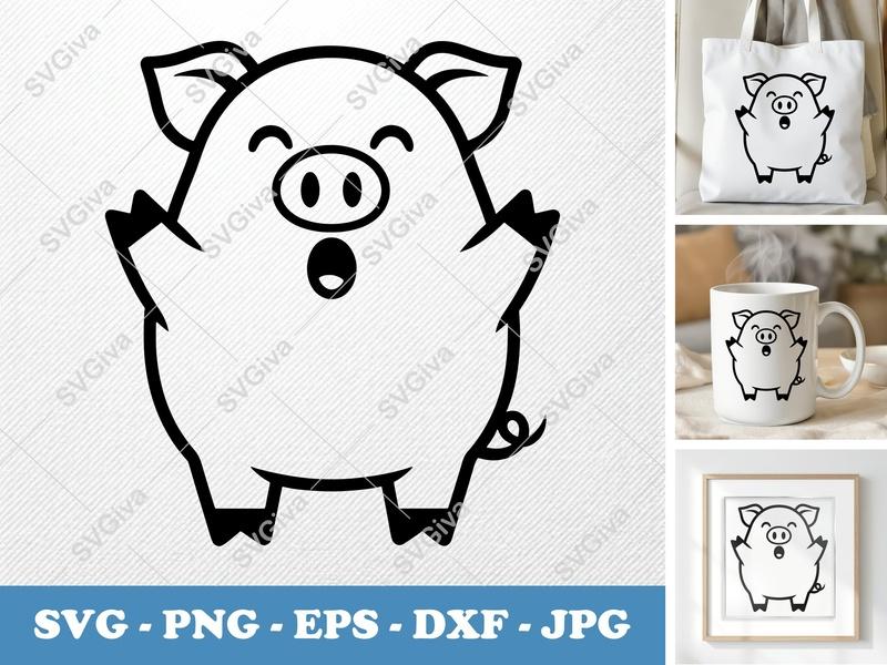 Pig Singing SVG | Friendly Rounded Bean-Shaped Design | PNG DXF EPS | Cricut Silhouette Cut File