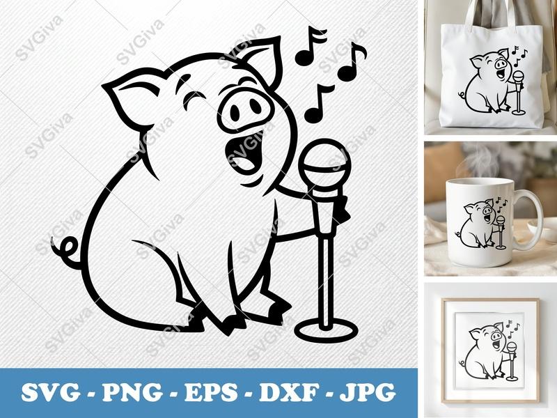 Pig Singing SVG, Funny Animal Karaoke PNG, EPS, DXF | Cricut & Silhouette Cut File, Farm Music Clipart, Modern Design