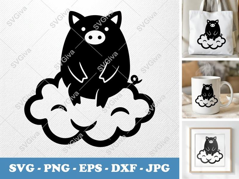 Pig Sitting on Cloud SVG | Puffy Pillow-Soft Shapes | PNG DXF EPS | Cricut Silhouette File
