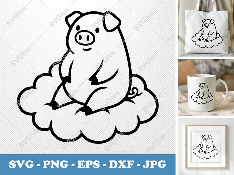 Pig Sitting on Cloud SVG | Simple Cartoon Contour Vector | PNG DXF EPS | Cricut Silhouette File