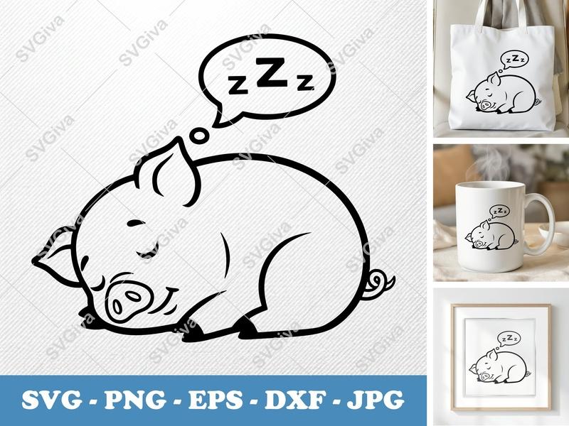 Pig Sleeping SVG, Cute Farm Animal PNG, EPS, DXF | Modern Zzz Cut File for Cricut & Silhouette, Nursery Decor Clipart