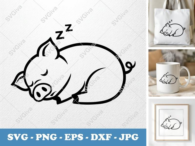 Pig Sleeping SVG, Cute Modern Farm Animal PNG EPS DXF for Cricut | Silhouette Cut File, Baby Nursery Clipart Vector