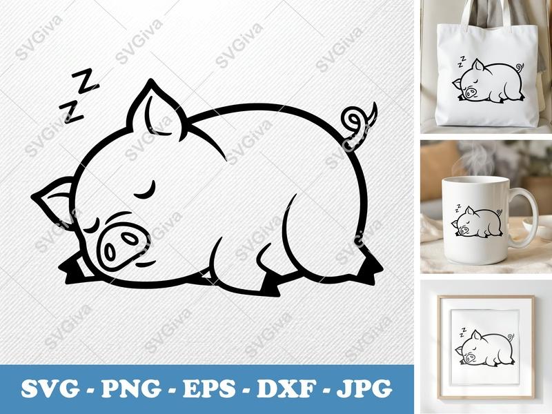 Pig Sleeping SVG, Cute Piggy Dream PNG EPS DXF | Farm Animal Cut File for Cricut, Silhouette | Modern Outline Design