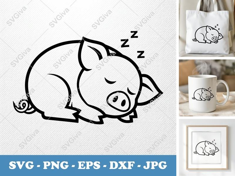 Pig Sleeping SVG | Double-Outline Minimalist Cut File for Cricut Silhouette | PNG DXF EPS