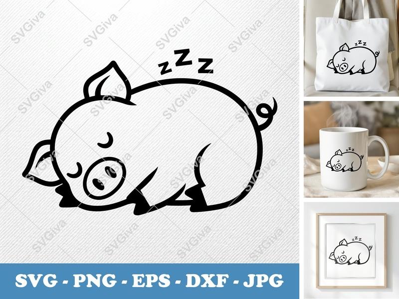 Pig Sleeping SVG | Friendly Bean-Shaped Design | Rounded Animal DXF PNG EPS | Cricut Silhouette File