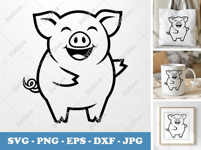 Pig Smiling Happily SVG | Double-Outline Cartoon | Thick Contour Basic Shapes | PNG DXF EPS | Cricut Silhouette File