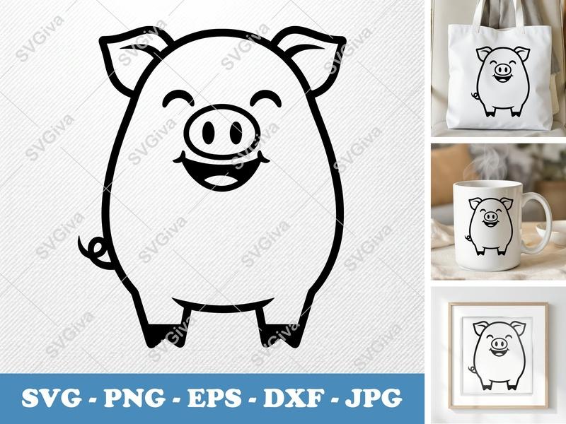 Pig Smiling Happily SVG | Rounded Friendly Bean-Shaped Design | PNG DXF EPS | Cricut Silhouette File