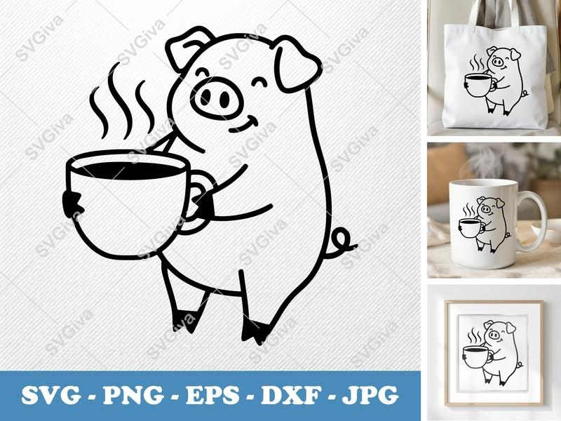 Pig SVG, Coffee Lover Piggy Cut File, Modern Farm Animal Design, PNG EPS DXF for Cricut, Silhouette, Cute Piggy Art