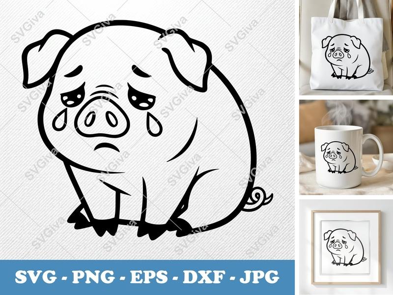 Pig SVG | Crying Sad Piggy Outline | Farm Animal Cut File for Cricut, Silhouette | PNG EPS DXF Vector Clipart
