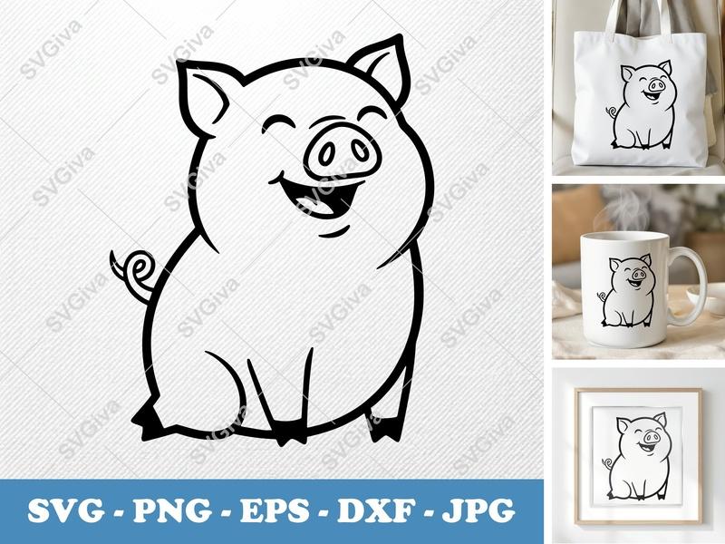 Pig SVG Cute Cartoon Farm Animal, Happy Piggy Outline, PNG, EPS, DXF for Cricut & Silhouette, Modern Clean Design