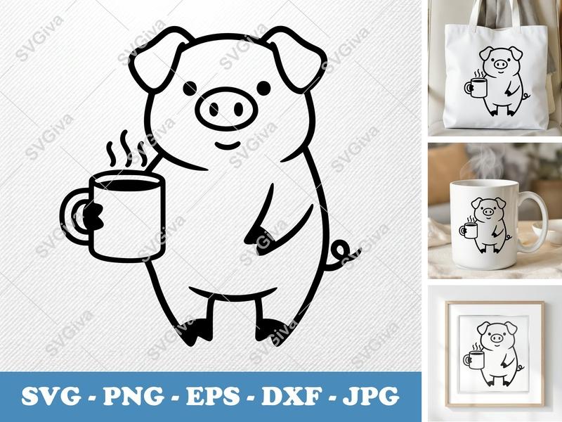 Pig SVG, Cute Coffee Mug Digital Download, Farm Animal PNG EPS DXF for Cricut & Silhouette, Modern Clean Cut File