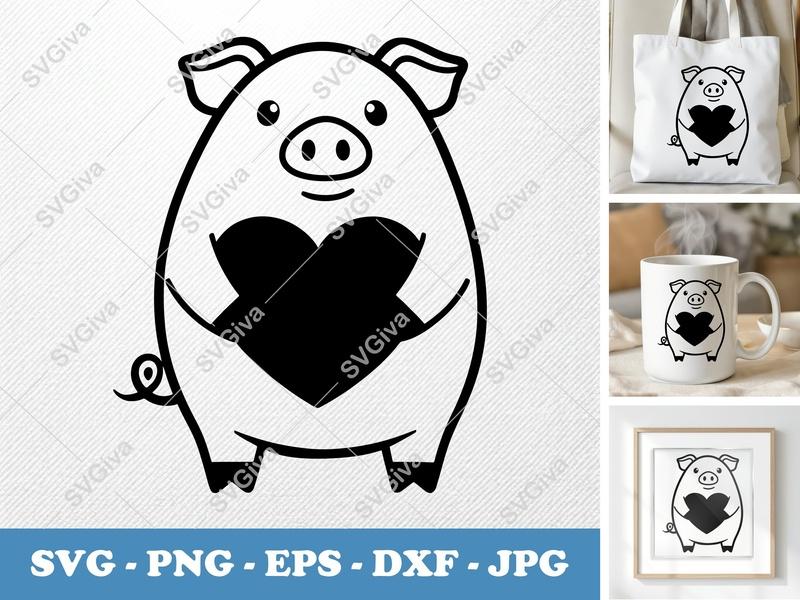 Pig SVG, Cute Heart Piggy Design, Farm Animal Cut File, PNG EPS DXF for Cricut, Silhouette, Vector Clipart