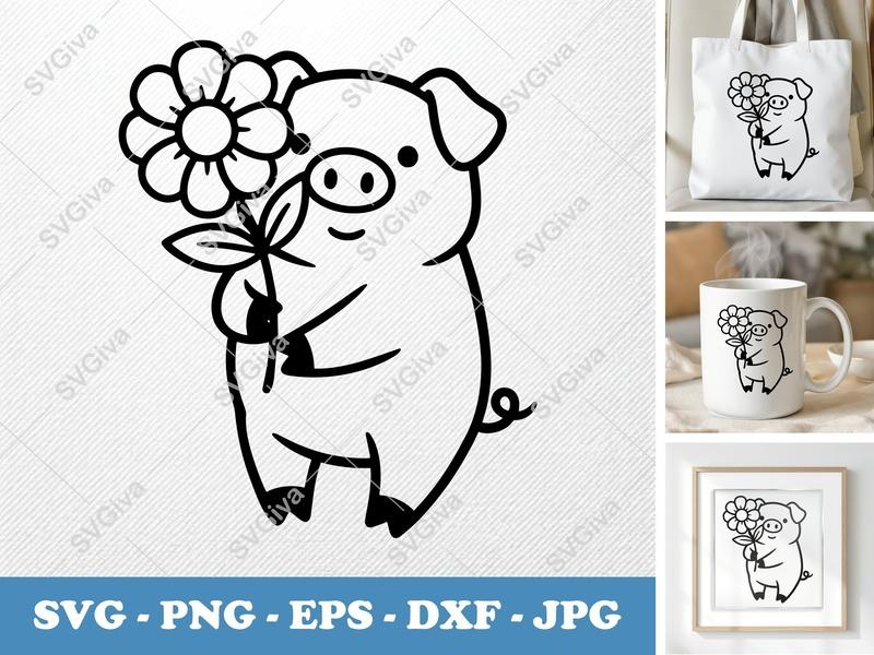 Pig SVG, Cute Piggy with Flower, Farm Animal Clipart, Modern Outline Design for Cricut | PNG EPS DXF Silhouette Files