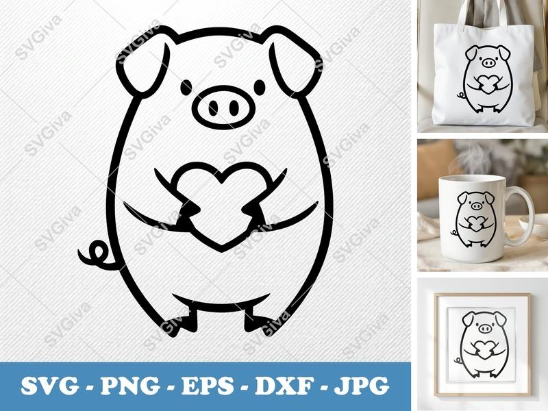 Pig SVG, Cute Piggy with Heart Cut File, Modern Farm Animal PNG EPS DXF for Cricut, Silhouette, Vector Clipart