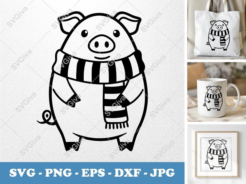 Pig SVG, Cute Piggy with Scarf, Farm Animal Cut File | PNG EPS DXF for Cricut, Silhouette, Vinyl Decal, Planner