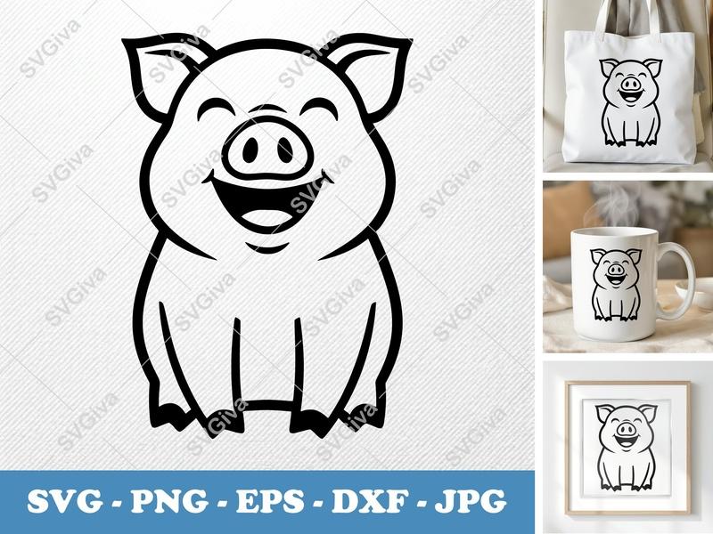 Pig SVG | Happy Cartoon Piggy Cut File | Farm Animal PNG, EPS, DXF for Cricut & Silhouette, Modern Clean Design