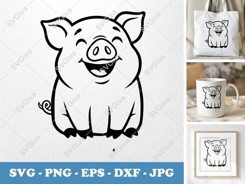 Pig SVG | Happy Pig Outline Cut File | Farm Animal Clipart | Modern Design | PNG EPS DXF for Cricut & Silhouette