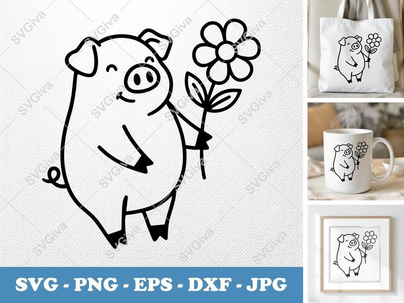 Pig SVG with Flower, Cute Farm Animal Line Art, Modern Clean Design PNG EPS DXF for Cricut | Silhouette Cut File