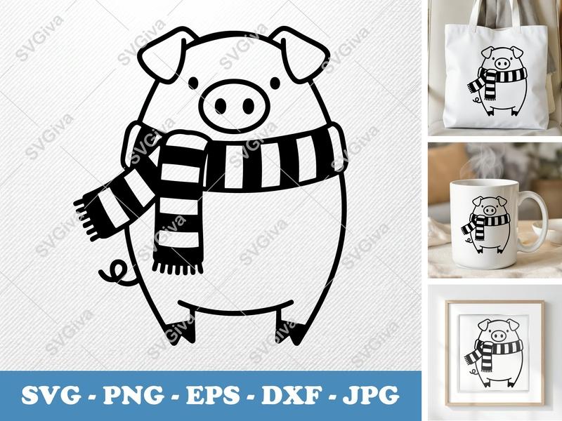 Pig wearing a scarf SVG | Bold Contour, Simple Character | PNG DXF EPS | Cricut Silhouette Cut File