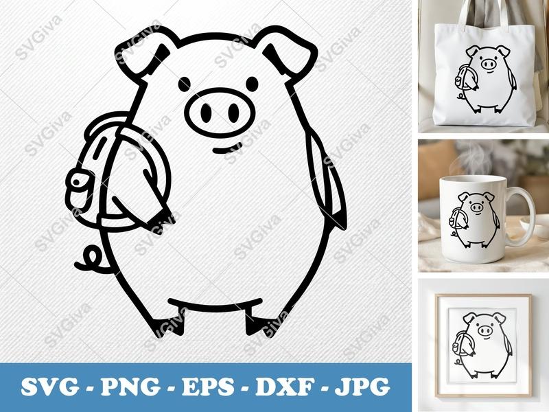 Pig wearing backpack SVG | Friendly Bean-Shaped Cut File | PNG DXF EPS for Cricut Silhouette