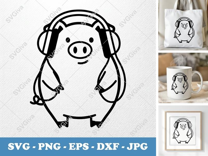 Pig Wearing Headphones SVG | Friendly Bean-Shaped Cut File | PNG DXF EPS for Cricut & Silhouette