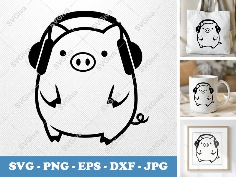 Pig Wearing Headphones SVG | Puffy Cartoon Pig Cut File | Inflated Style PNG DXF EPS | Cricut Silhouette Ready
