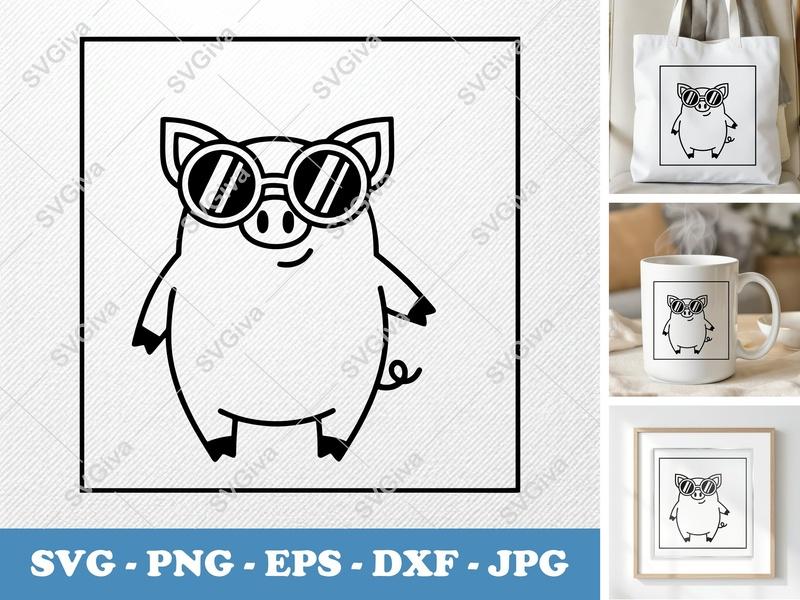 Pig Wearing Sunglasses SVG | Cartoon Minimalist Design | PNG DXF EPS | Cricut Silhouette Cut File