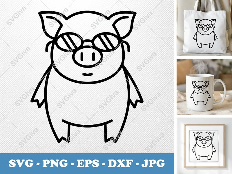 Pig wearing sunglasses SVG, Double-Outline Geometric Animal Design | PNG DXF EPS | Cricut Silhouette Cut File